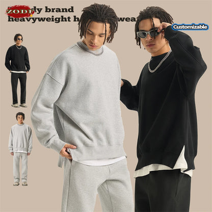 ZODF Fashion Men Winter Side Split Fleece Sweatshirt Winter Unisex Oversized 350gsm O Neck Warm Pullovers Brand Clothing HY0058