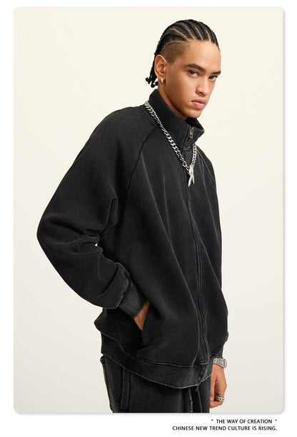 ZODF Retro Winter Men Washed Fleece Zipper Jackets Unisex Loose Oversized 400gsm Raglan Sleeve Coats Streetwears HY0649