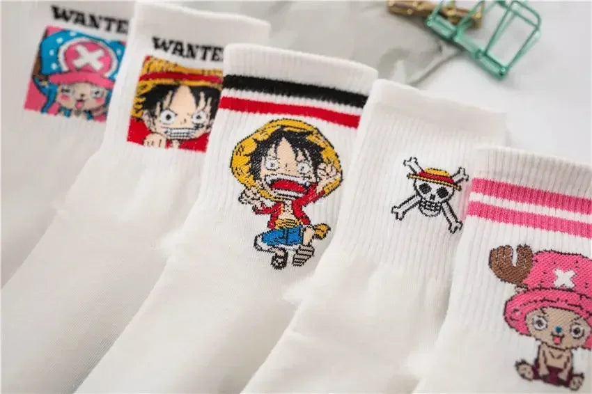 5Pair Anime One Piece Socks Cartoon Luffy Chopper Student Cotton White Long Short Boat Socks Printed Knitted Socks Children Gift