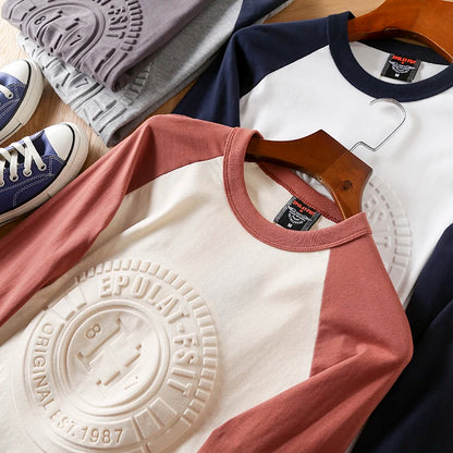 Summer New American Retro Long-sleeved O-neck 3D Letter Printed T-shirt Men's Fashion Simple 100%Cotton Washed Casual Sport Tops