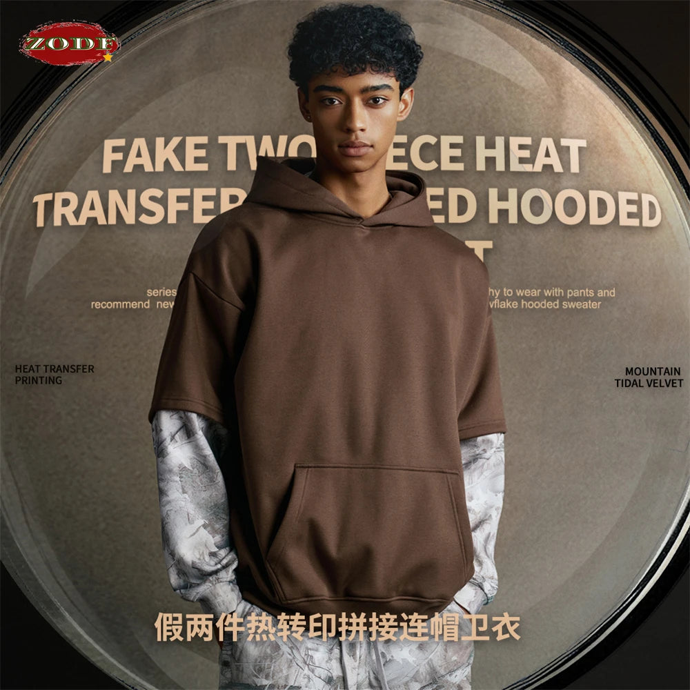 ZODF Fashion Winter Fake 2-Piece 340gsm Fleece Hoodies For Men Unisex High Street Camouflage Sleeve Hooded Pullovers HY1153