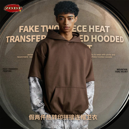 ZODF Fashion Winter Fake 2-Piece 340gsm Fleece Hoodies For Men Unisex High Street Camouflage Sleeve Hooded Pullovers HY1153