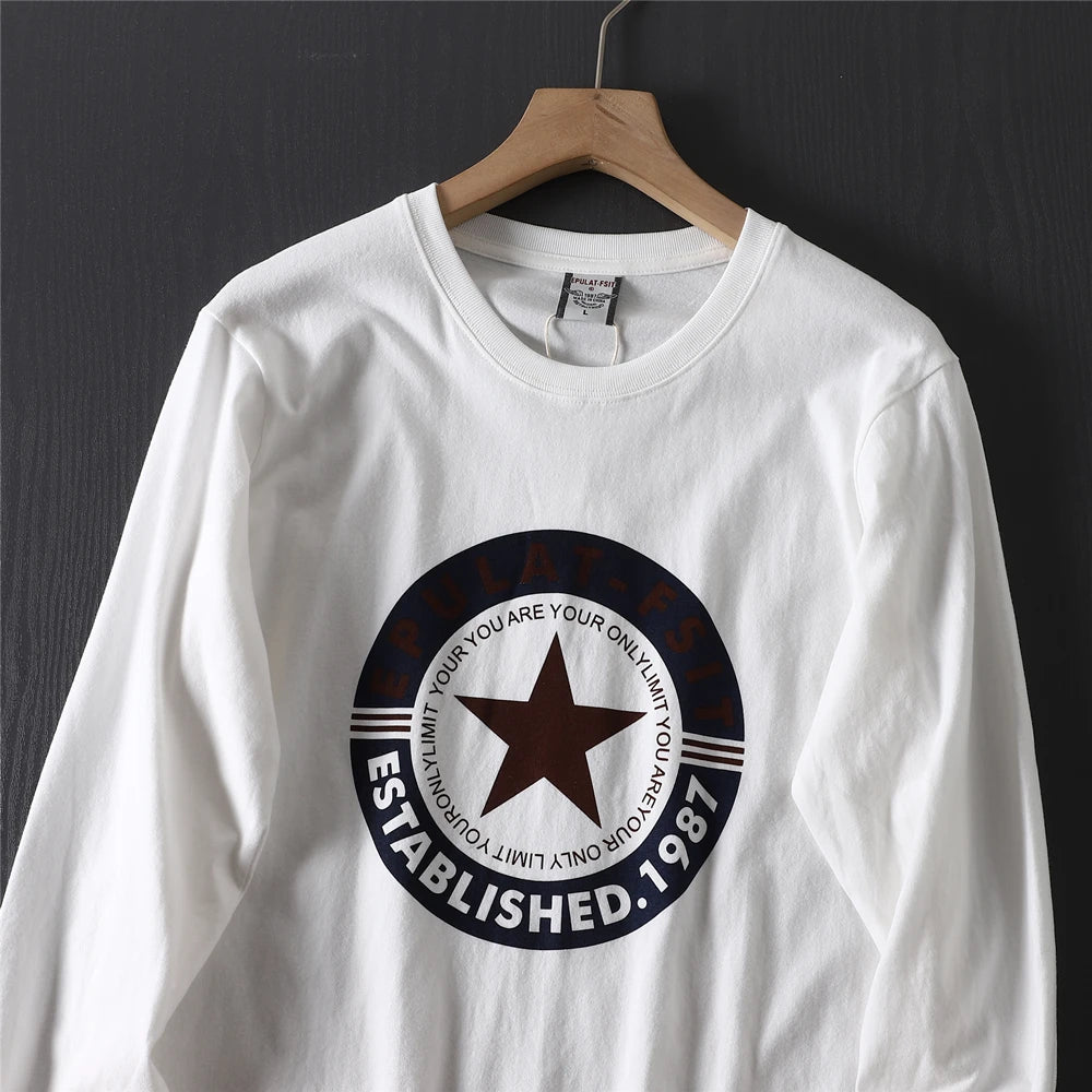2025 Autumn New American Retro Long-sleeved O-neck Letter Printed T-shirt Men's Fashion 100% Cotton Washed Casual Sport Tops