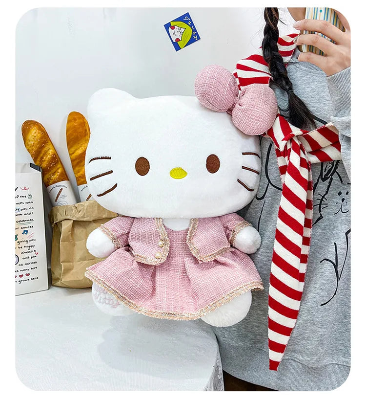 Sanrio Plush Cat Stuffed Animal Doll Large Checkered Skirt Kawaii Pillow Toy for Kids Birthday Christmas Gift for Girls Bedtime