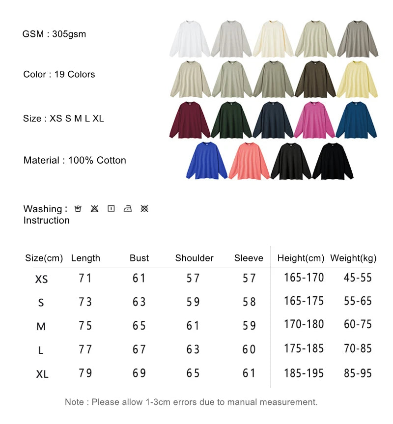 ZODF NEW Autumn Men's Solid Full Sleeve T Shirts Unisex Loose Oversized Casual 305GSM Cotton Basic T-Shirt Brand TEE HY0209