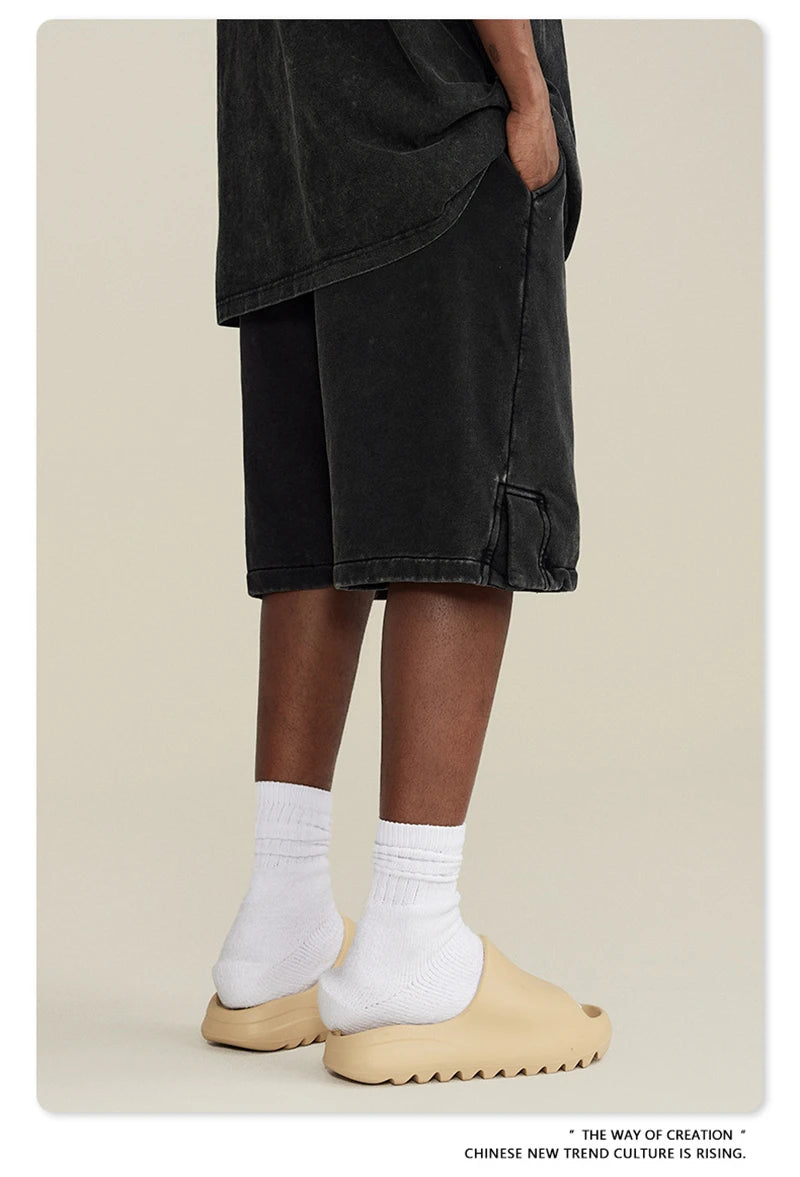 ZODF 2024 Summer Men 350gsm Washed Cotton Shorts Unisex Retro High Street Loose Side Slit Short Pants Streetwears HY0839