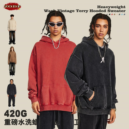 ZODF Retro Men Heavyweight Washed Cotton Hoodies Unisex Loose Thick 420gsm Hooded Sweatshirts Pullovers Coats HY0466