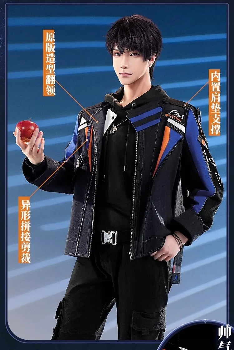 iCoser Love and Deepspace Caleb Cosplay Costume Wig Flying Jacket Uniform Necklace Halloween Party for Women Men Carnival Props