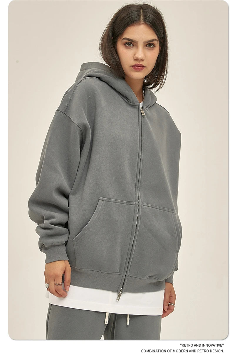 ZODF New Men Double Headed Zipper Fleece Hoodies Unisex Loose Basic Solid Warm Hooded Sweatshirts Coats For Winter HY0633