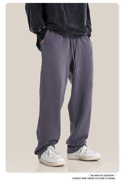 ZODF Retro Men Autumn Washed 380gsm Cotton Unisex High Street Oversized Solid Sport Straight Pants HY0885