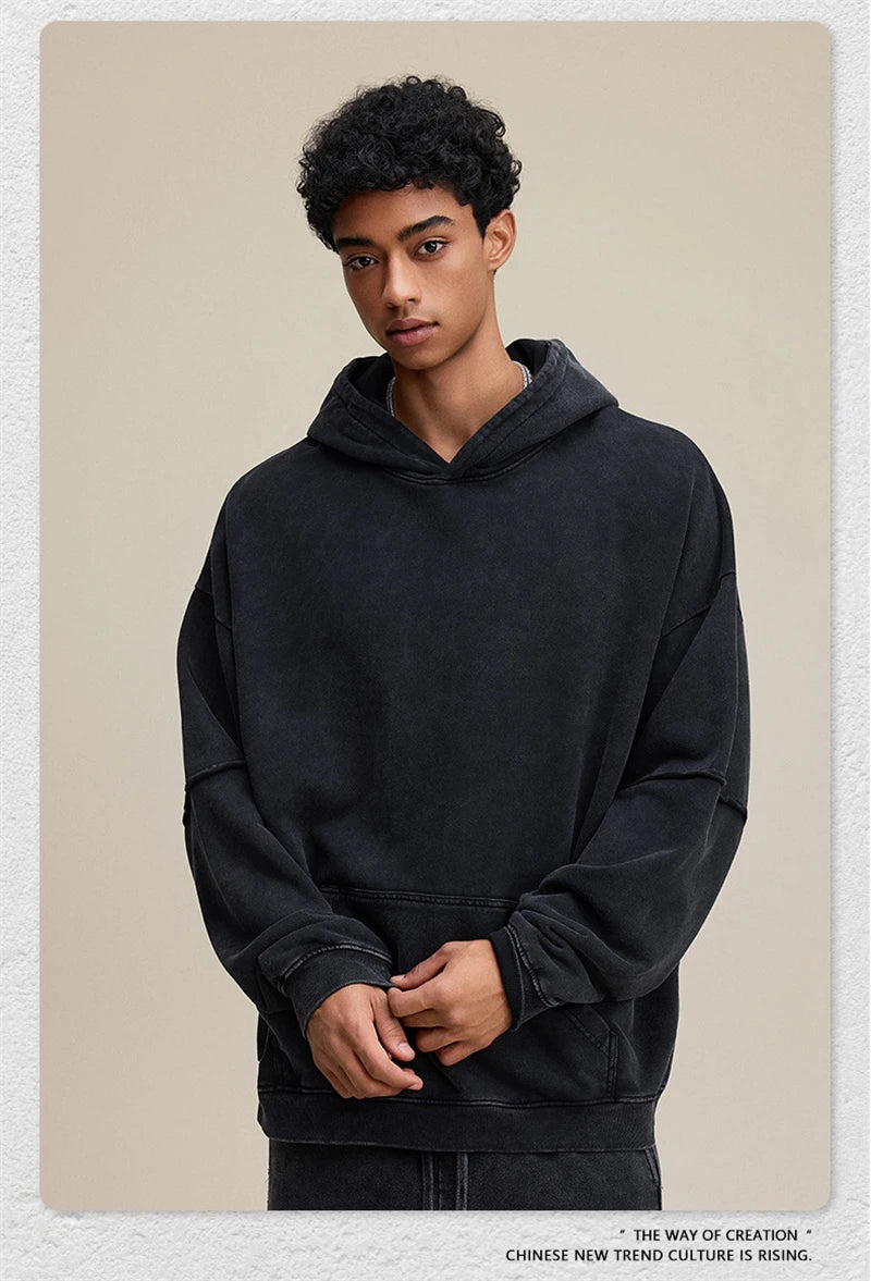 ZODF Vintage 2025 Autumn 370gsm Fake 2-Piece Hoodies For Man Unisex Washed Fire Snowflake Hooded Pullovers Terry Coats HY1108