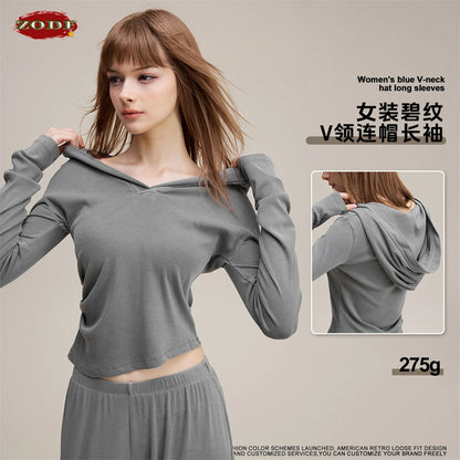 ZODF Sexy Women Autumn Washed 275gsm Hooded T Shirt Ladies Girls Slim Fit Distressed Side Pleated T-Shirts Tees HY1149