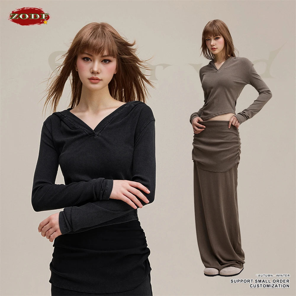 ZODF Sexy Women Autumn Washed 275gsm Hooded T Shirt Ladies Girls Slim Fit Distressed Side Pleated T-Shirts Tees HY1149