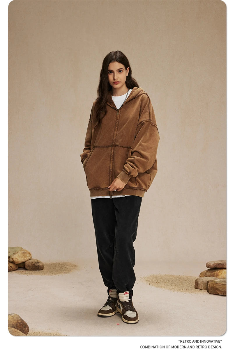 ZODF Retro Men's Heavyweight 450gsm Zipper Hoodies Unisex Loose Distressed Washed Batik Knitted Hooded Coat Jacket HY0889