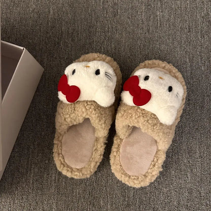New Sanrio Sweet Hello Kitty Warm Cotton Slippers For Student Dormitory Comfortable One Word Hairy Adult Cotton Slippers