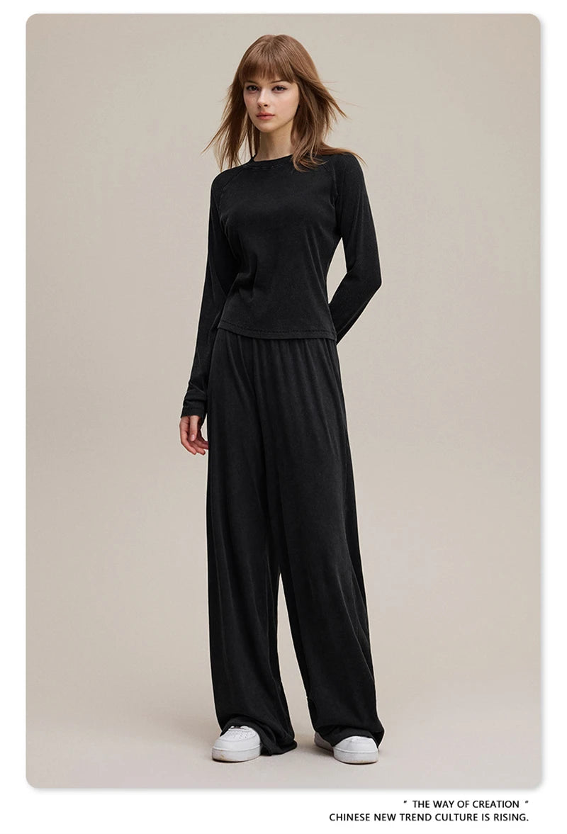 ZODF Sexy Autumn Washed 275gsm Full Sleeve T Shirt For Women Ladies Girls Slim Fit Distressed T-Shirts Tops HY1145