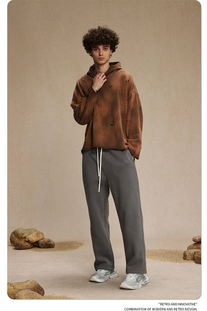 ZODF New Autumn Winter Men Monkey Washed Hoodies Unisex Disstressed Ripped Heavyweight Knitted 450gsm Hooded Pullovers HY0909