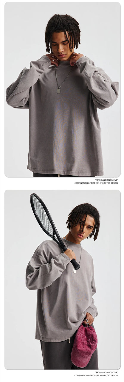 ZODF Retro 285gsm Batik Washed Cotton Man's T-Shirts Unisex Solid Loose Distressed Patchwork Full Sleeve Tee Shirt Tops HY1161