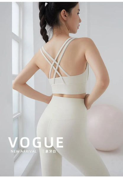2 Piece Yoga Set Solid Color Women's High Waisted Leggings Tight-Fitting Quick-Drying Running Underwear Cross Bra Fitness Suit