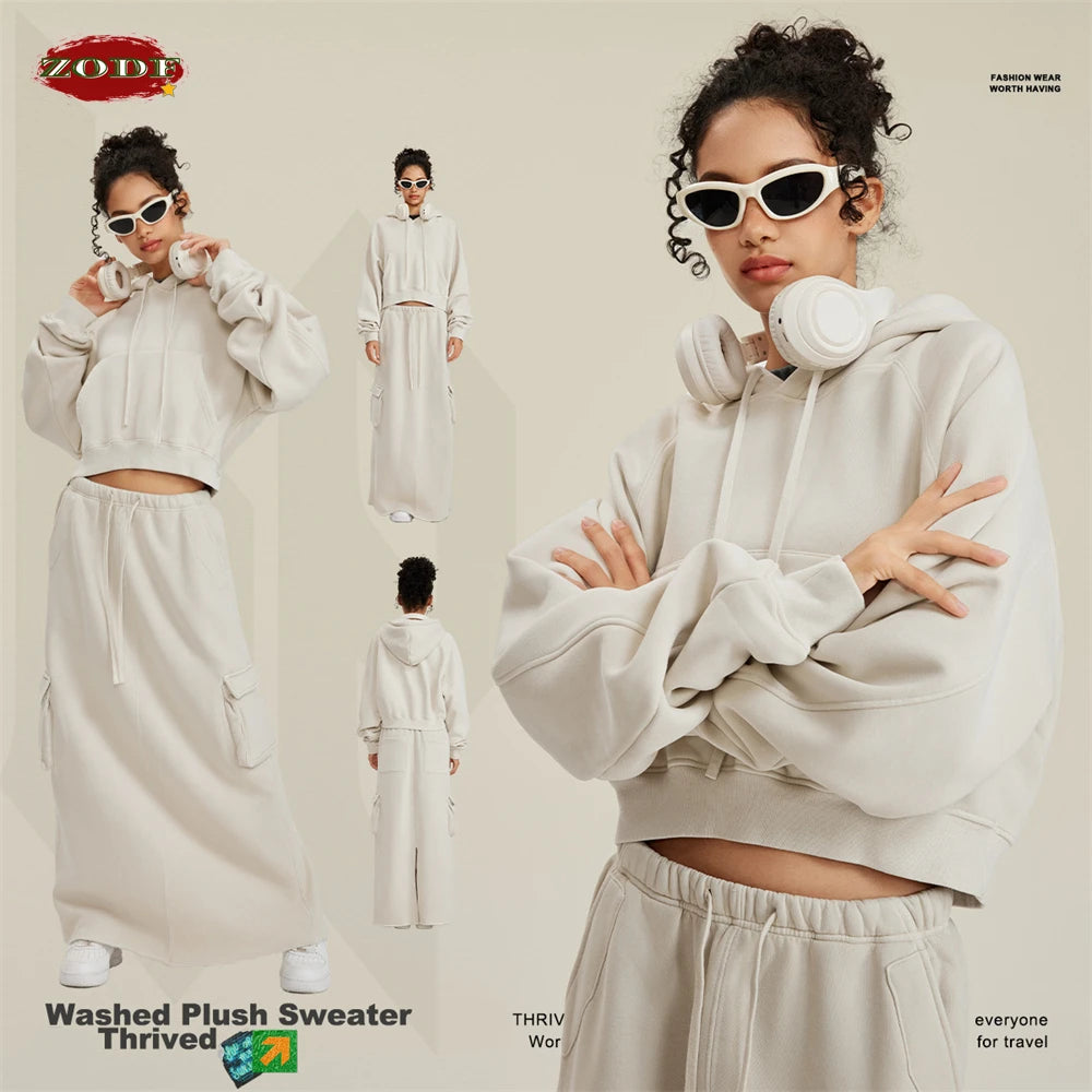 ZODF Women Hotsweet 2025 Winter Washed Fleece Crop Hoodies Girls Oversized Raglan Sleeve 400gsm Hooded Pullovers HY0648