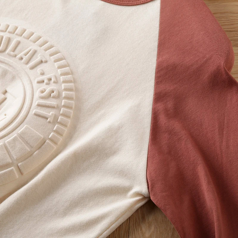 Summer New American Retro Long-sleeved O-neck 3D Letter Printed T-shirt Men's Fashion Simple 100%Cotton Washed Casual Sport Tops