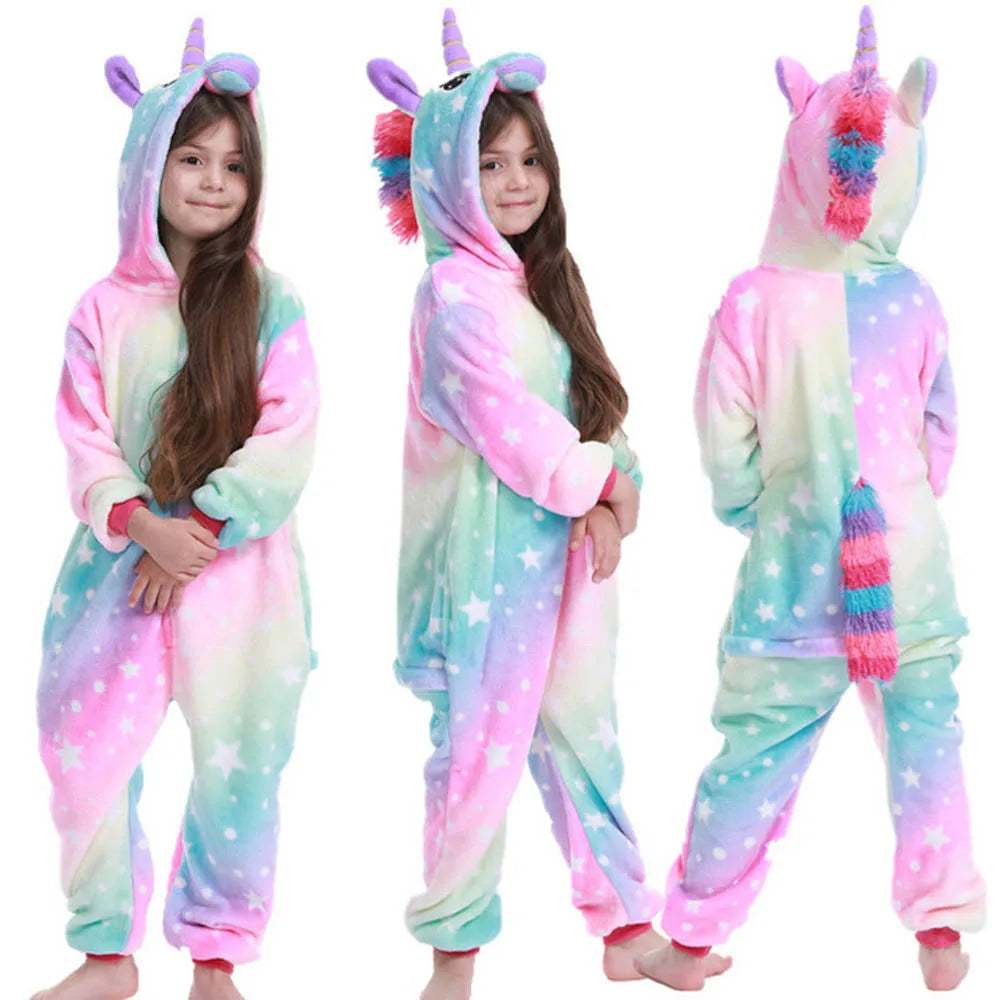 Kigurumi Kids Unicorn Fox Pajamas Winter Soft Warm Toddler Boy Jumpsuit Teen Girl Pijamas Zipper Hooded Animal Cosplay Costumes