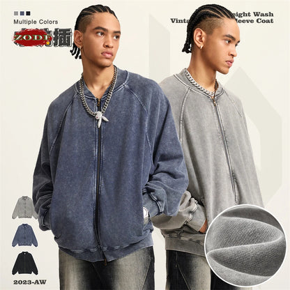 ZODF New Winter Washed Double Zipper Jackets For Men Unisex Loose Heavy Weight 450gsm Raglan Sleeve Cotton Coats HY0654