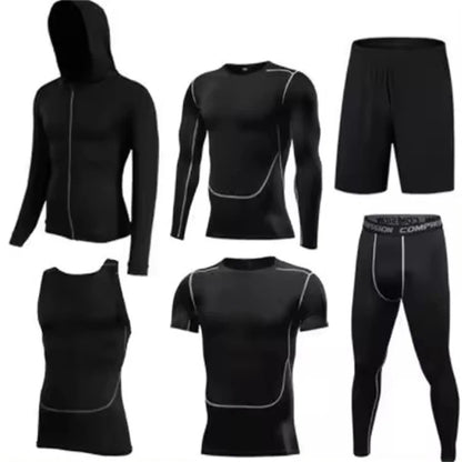 Men’s 5pcs MMA Boxing Suit Set Rashguard Compression Long-Sleeve T-Shirt & Leggings Tracksuit - Beige / M