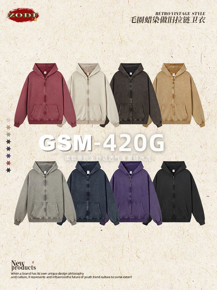 ZODF Retro Autumn Batik Washed 100% Cotton 420gsm Terry Oversized Distressed Zipper Hoodie Unisex HY0936