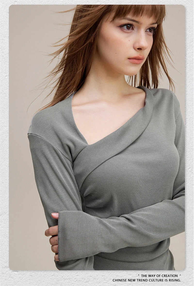 ZODF Retro Sexy Women Autumn Washed 275gsm T Shirt Ladies Girls Distressed Side Pleated Full Sleeve T-Shirts Tees HY1107