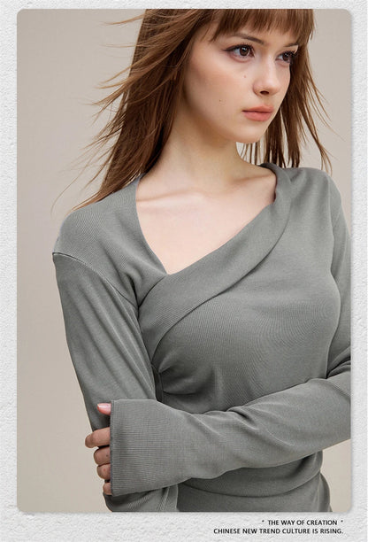 ZODF Retro Sexy Women Autumn Washed 275gsm T Shirt Ladies Girls Distressed Side Pleated Full Sleeve T-Shirts Tees HY1107