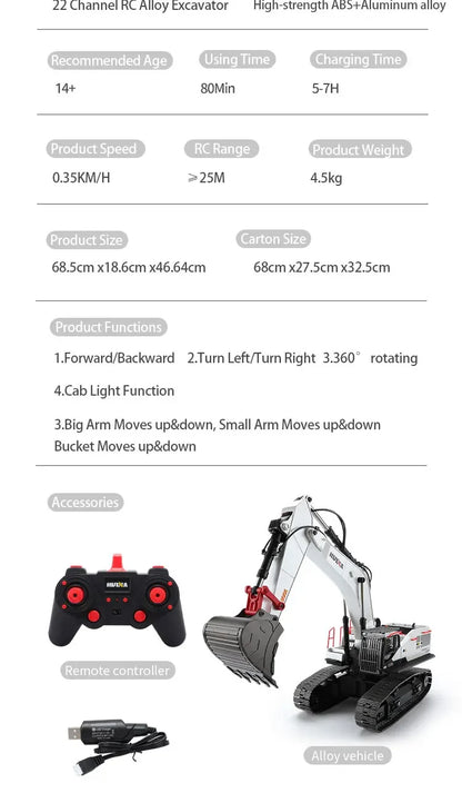 Huina 1594 22 Channels Large Remote Control Excavator 1/14 Electric Heavy Duty RC Excavator for Children Toys Model