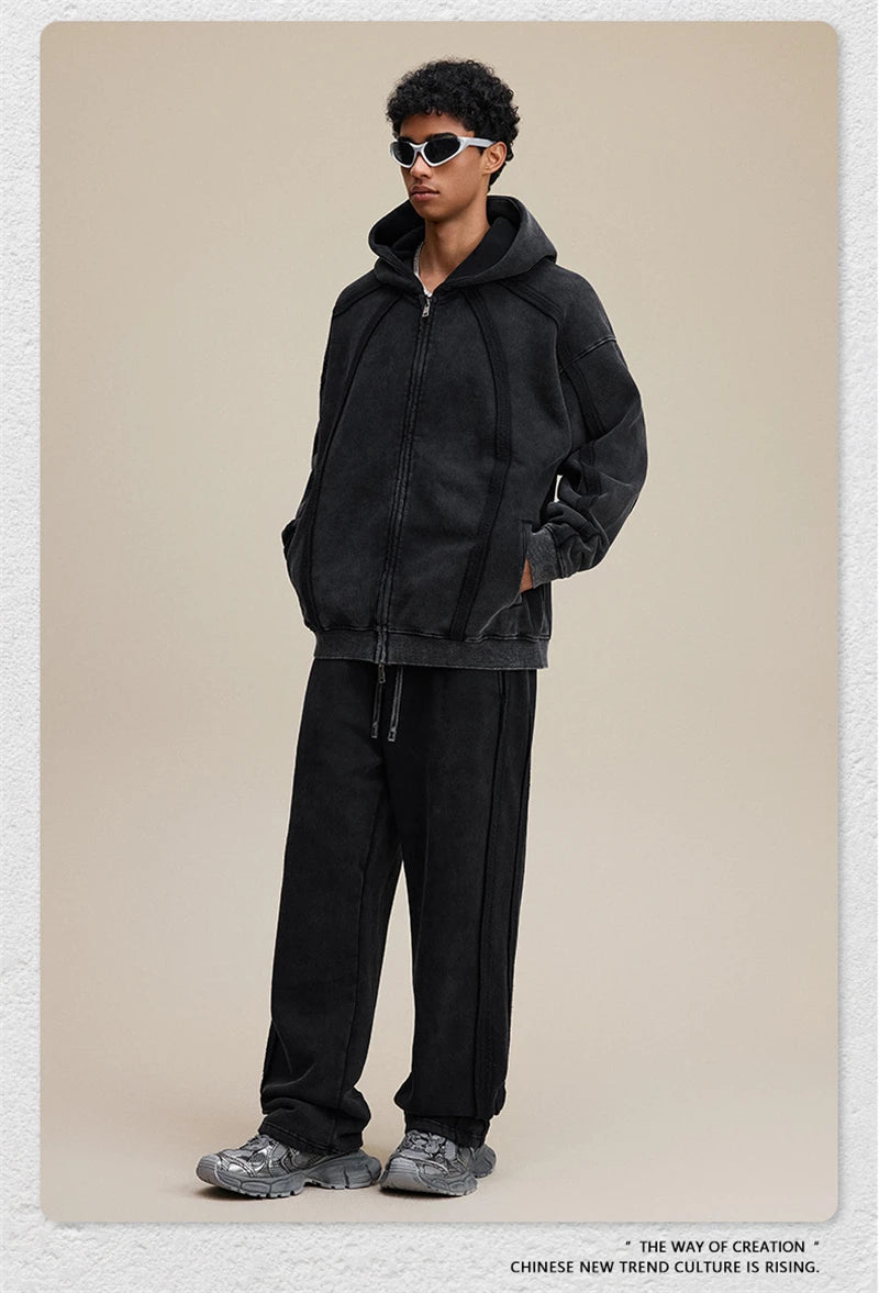 ZODF Vintage Man Winter Washed Fleece Straight Pants Unisex Distressed 360gsm Knitted Warm Trousers Brand Bottoms HY1092