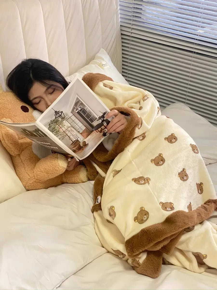 Rilakkuma Women'S Fleece-Lined Thickened Robe Coral Fleece Flannel Hooded Home Clothes Warm Nightgowns Casual Wear For Going Out