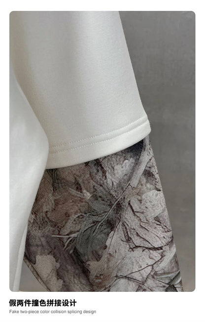 ZODF New Autumn Man Heat Transfer Printing T-Shirt Unisex Oversized 340gsm Fake 2-Piece Long Sleeve T Shirts Brand Tops HY1113