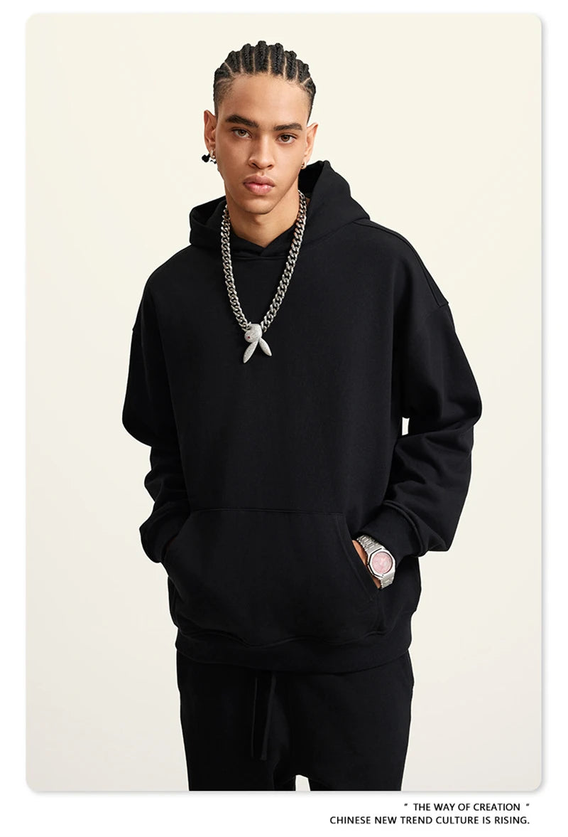 ZODF New Winter 440gsm Terry Hooded Hoodies For Men Retro Unisex Couple Loose Oversized Solid Pullovers Streetwears HY0664