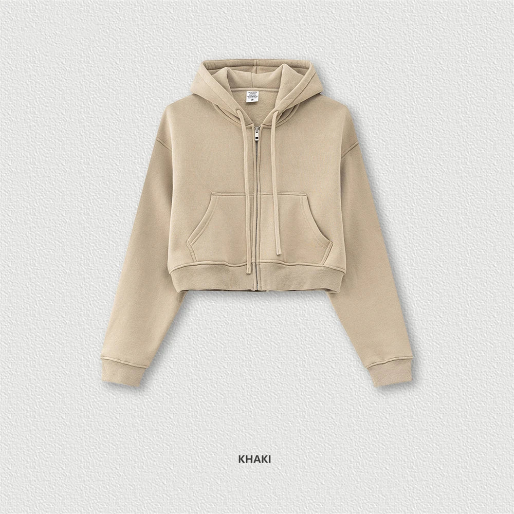 ZODF 2024 Winter Women Zipper Crop Hoodies Female Girls Solid 345gsm Warm Fleece Short Hooded Zip-Up Coat HY0911