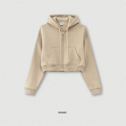 ZODF 2024 Winter Women Zipper Crop Hoodies Female Girls Solid 345gsm Warm Fleece Short Hooded Zip-Up Coat HY0911