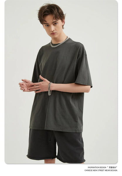 ZODF Men 2024 Retro Summer Washed Solid Cotton T-Shirts Unisex Retro Loose High Street 250gsm Basic Tees Streerwears HY0075
