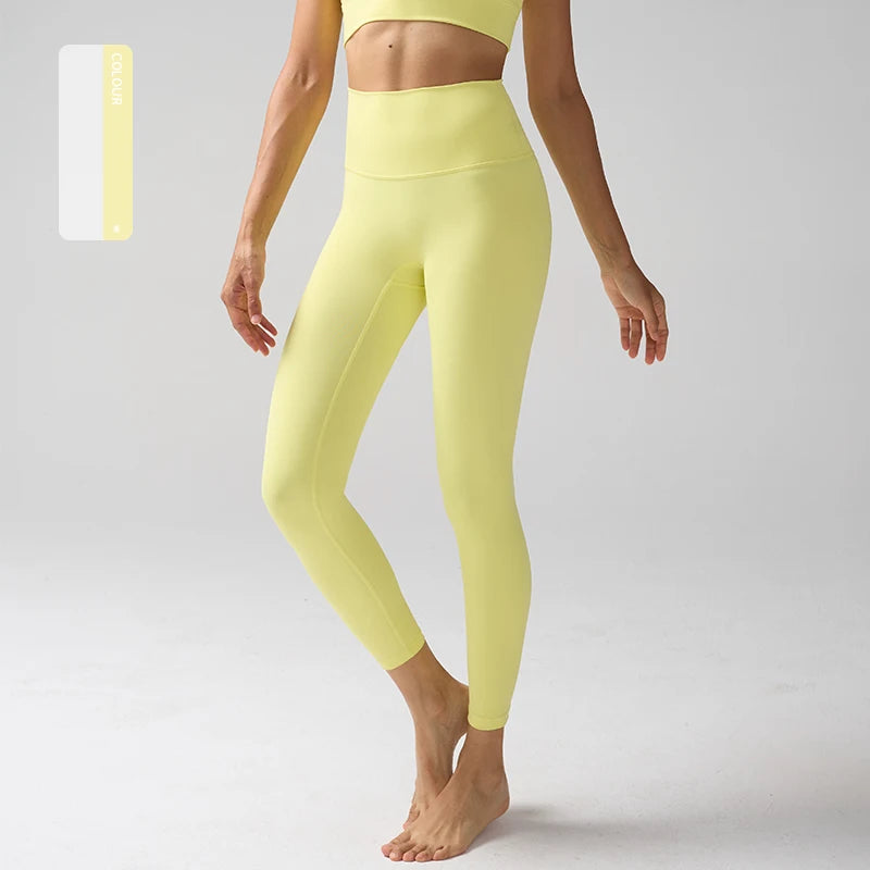 High Waist Naked Feeling Leggings for Women – Fitness Running Yoga Gym and Casual Workout Tight Pants - Cream Yellow / S
