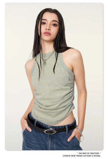 ZODF Women 2024 Summer Washed Tank Tops Female Hotsweet Girls 235gsm Slim Pleated Arc Hem Camisole TEE Streetwears HY0795