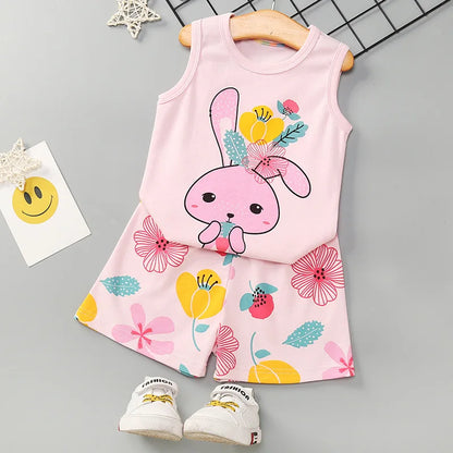Summer Pj Set Kids Clothes Home Wear Pink Rabbit Girls Pajamas Sets 1 to 2 3 4 5 6 7 8 9 10 Years Flower Easter Pijamas Cotton