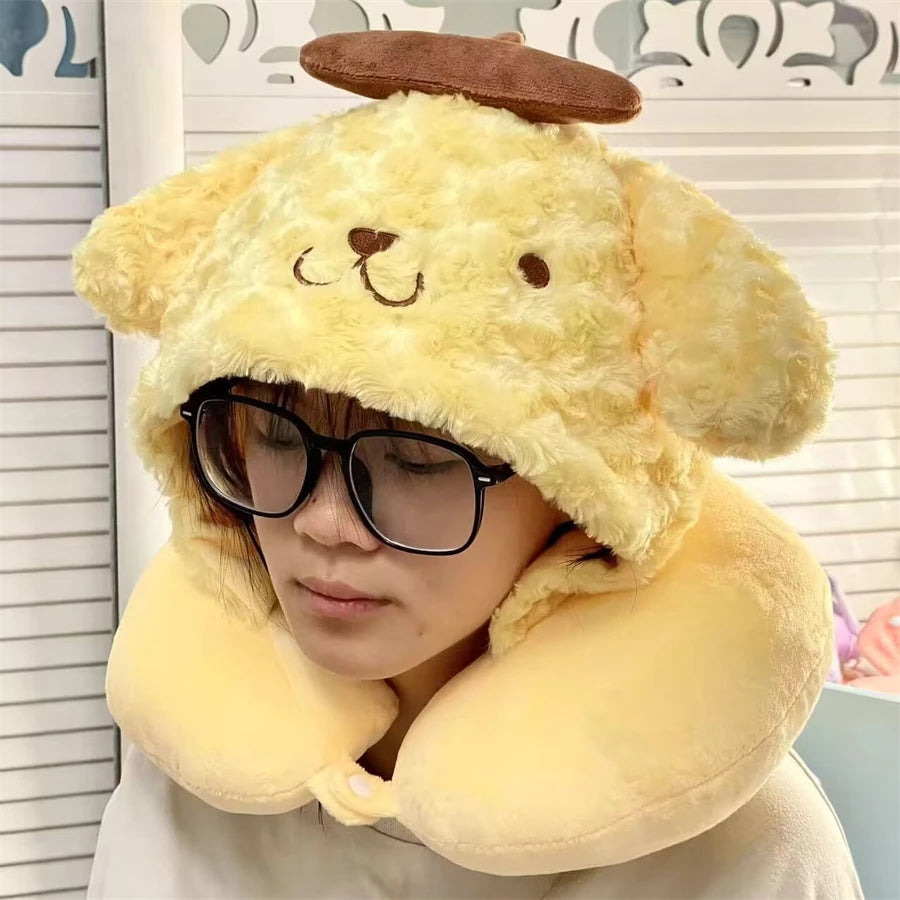 Sanrio Lovely U-shaped Hooded Neck Pillow Pochacco Kuromi My Melody Cinnamoroll Travel Blackout Pillow With Hat Portable Girl