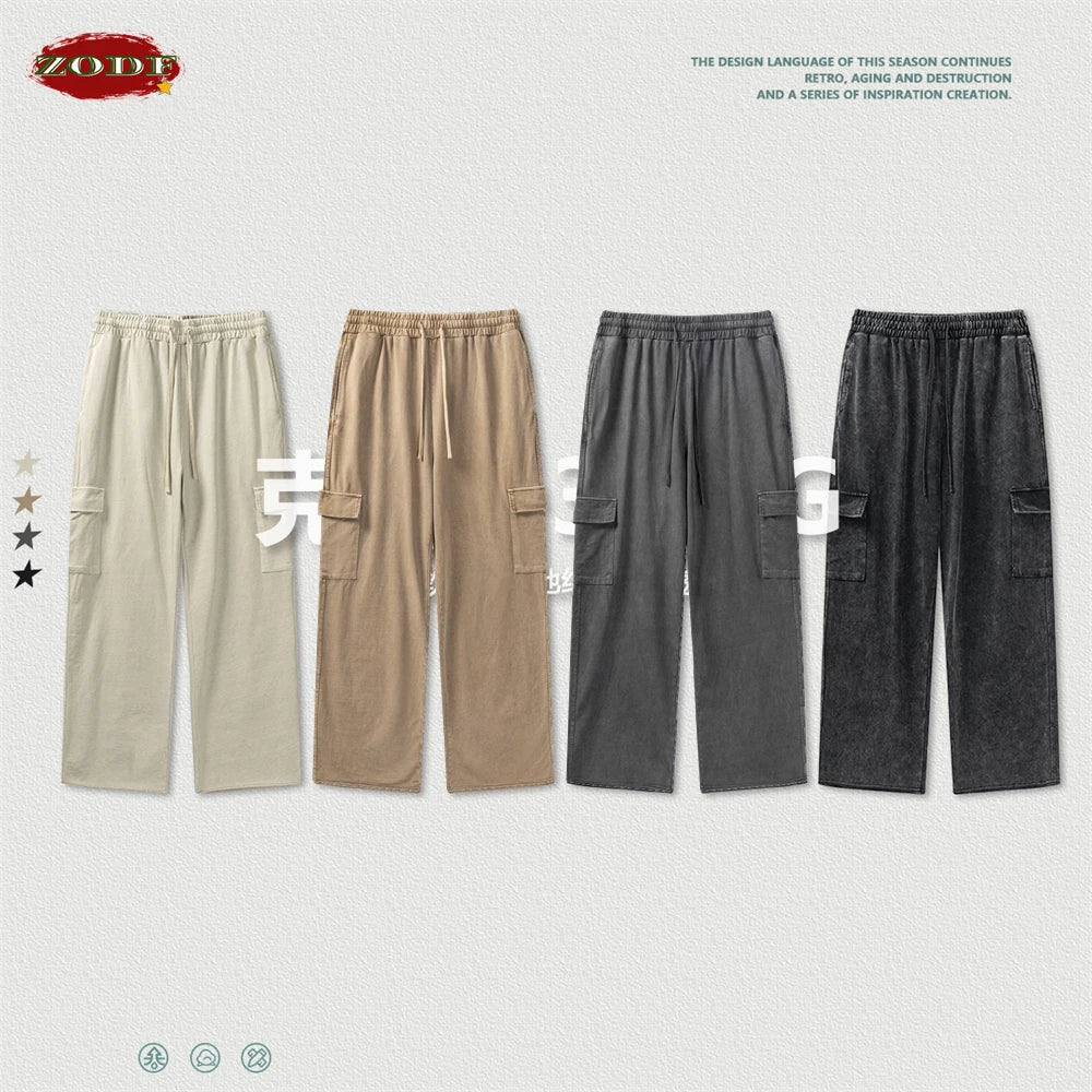 ZODF New 2024 Spring Summer 358gsm Cotton Cargo Pants For Men Unisex Casual Washed Straight Multi-Pockets Loose Trousers HY0829