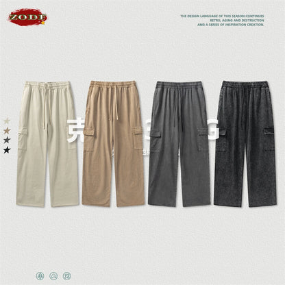 ZODF New 2024 Spring Summer 358gsm Cotton Cargo Pants For Men Unisex Casual Washed Straight Multi-Pockets Loose Trousers HY0829