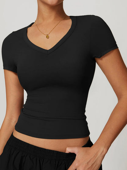 Women’s Gym Running Short Sleeve T-Shirt with Integrated Fitness Bra Yoga Sportswear Vest Top - Black / M