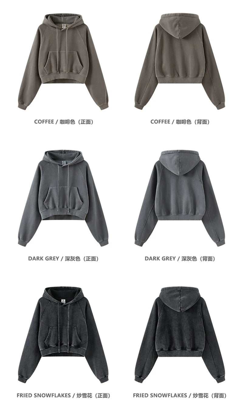 ZODF Women Hotsweet 2025 Winter Washed Fleece Crop Hoodies Girls Oversized Raglan Sleeve 400gsm Hooded Pullovers HY0648