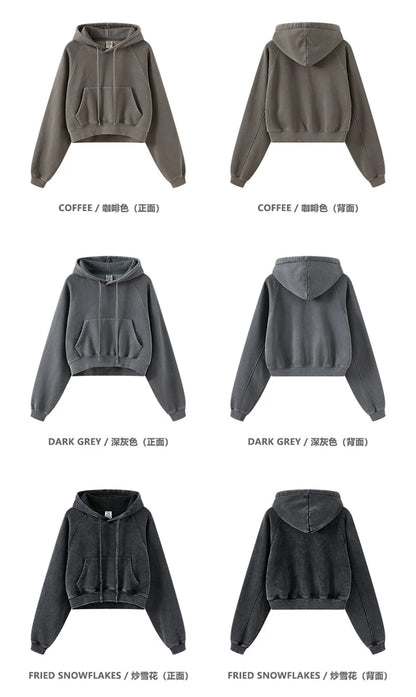 ZODF Women Hotsweet 2025 Winter Washed Fleece Crop Hoodies Girls Oversized Raglan Sleeve 400gsm Hooded Pullovers HY0648