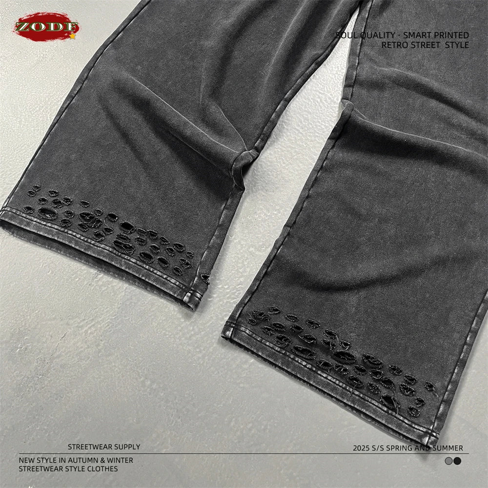 ZODF 2025 Autumn Men Washed Cotton Terry Pants 380gsm Distressed Oversized Straight Sport Trousers Streetwear HY1075