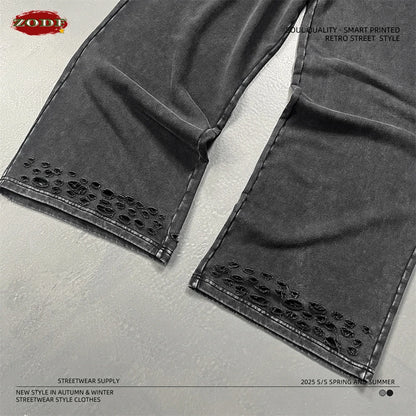 ZODF 2025 Autumn Men Washed Cotton Terry Pants 380gsm Distressed Oversized Straight Sport Trousers Streetwear HY1075
